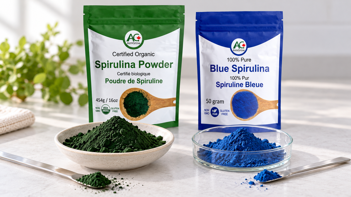 AimGrow green Spirulina Powder and Blue Spirulina packages beside illustrative samples of the two ingredient forms.