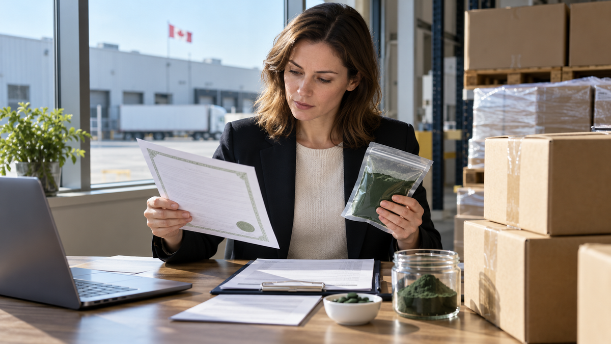 Canadian importer checking organic spirulina certificates against a shipment and product list.