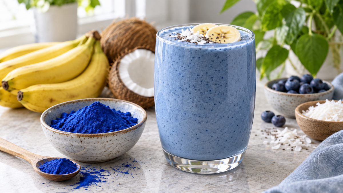 Blue spirulina powder in a ceramic bowl beside a blue smoothie with banana and coconut.