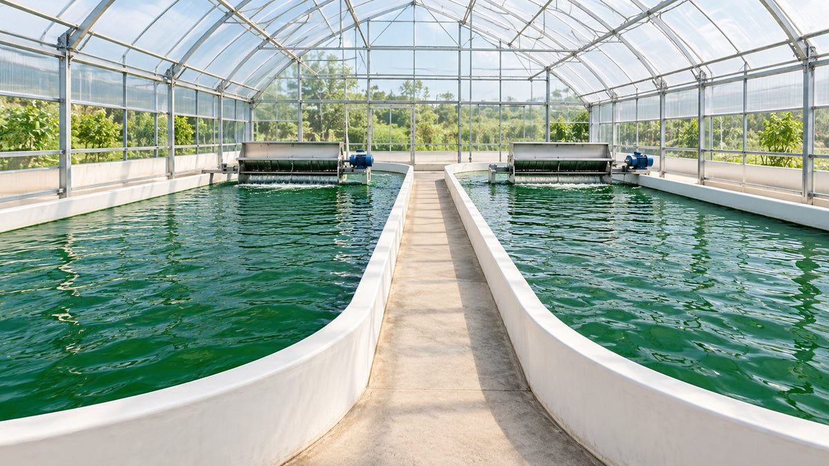 Illustrative greenhouse with green spirulina culture basins and a central walkway.