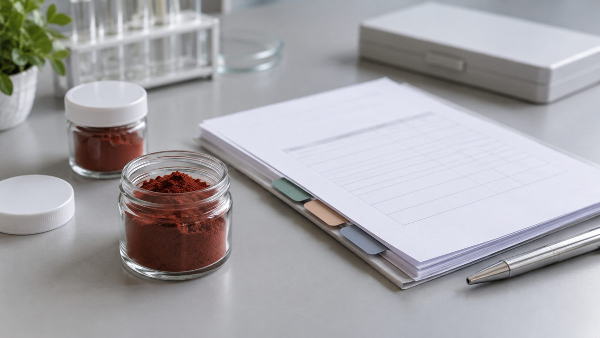AI-generated illustrative scene of red microalgae powder samples beside a blank quality-document dossier.