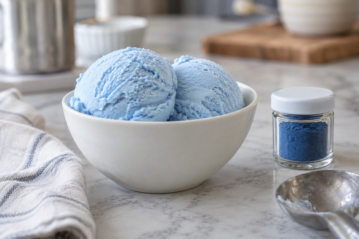 Two scoops of pale blue ice cream in a white bowl beside an unlabelled glass sample jar.