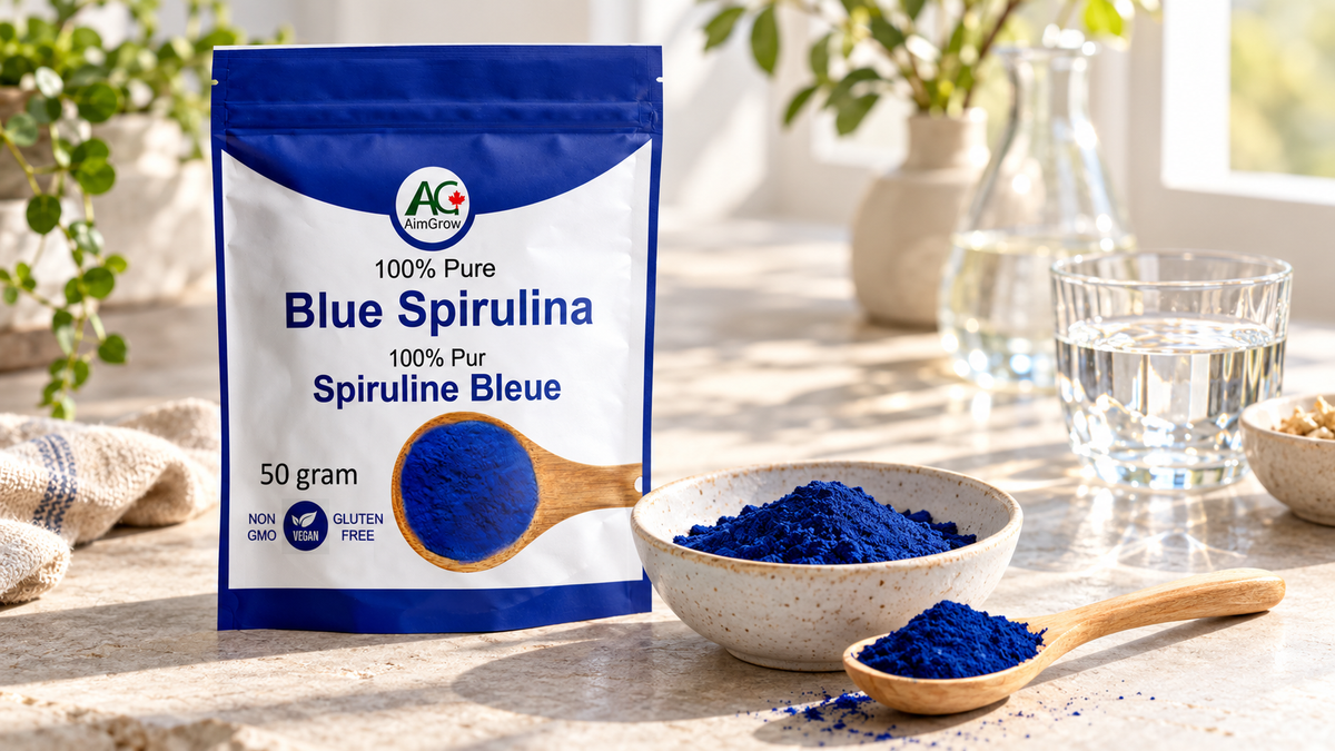 AimGrow Blue Spirulina 50g pouch and blue powder in natural light