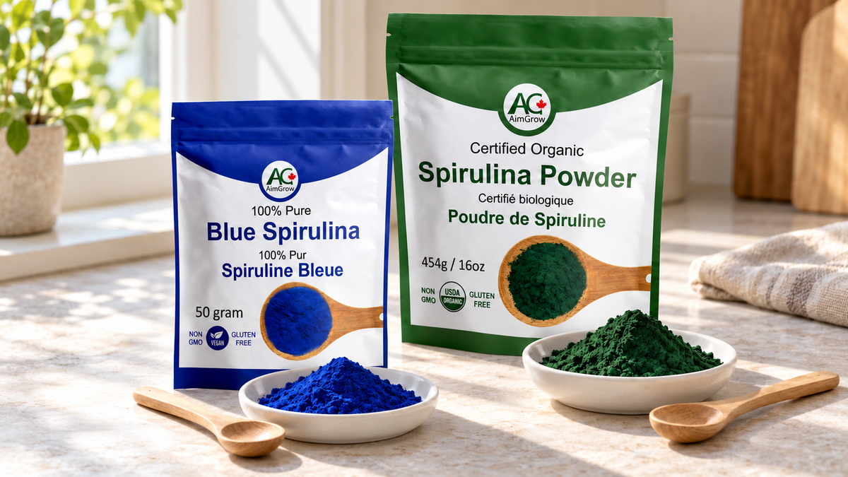 AimGrow blue spirulina50gram and green spirulina454g pouches beside separate blue and green powder dishes