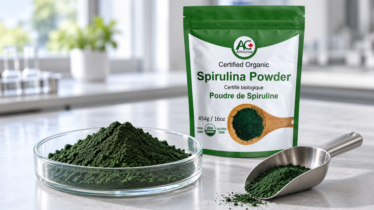 AimGrow Spirulina Powder 454g / 16oz pouch beside an illustrative powder sample and scoop.