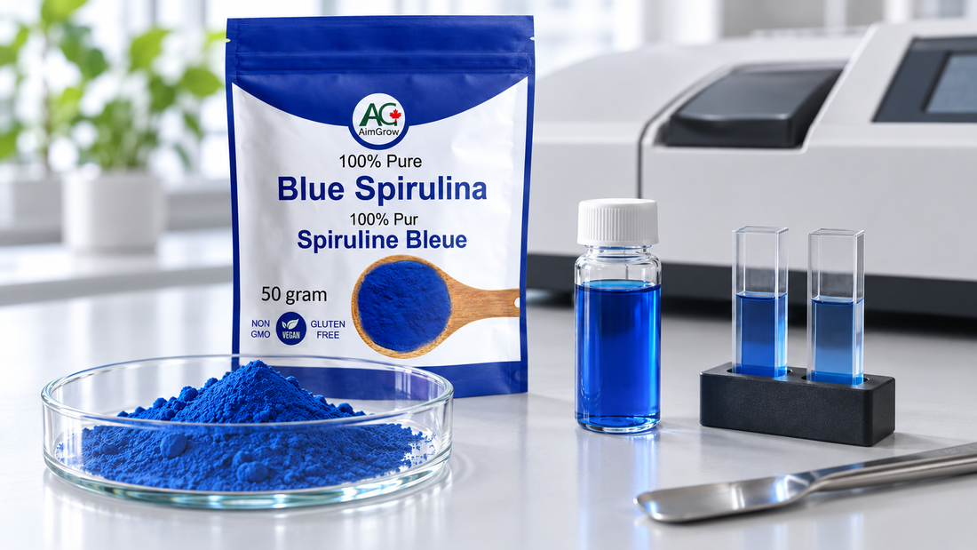 AimGrow Blue Spirulina 50 gram pouch beside illustrative powder, blue solution and optical cuvettes.