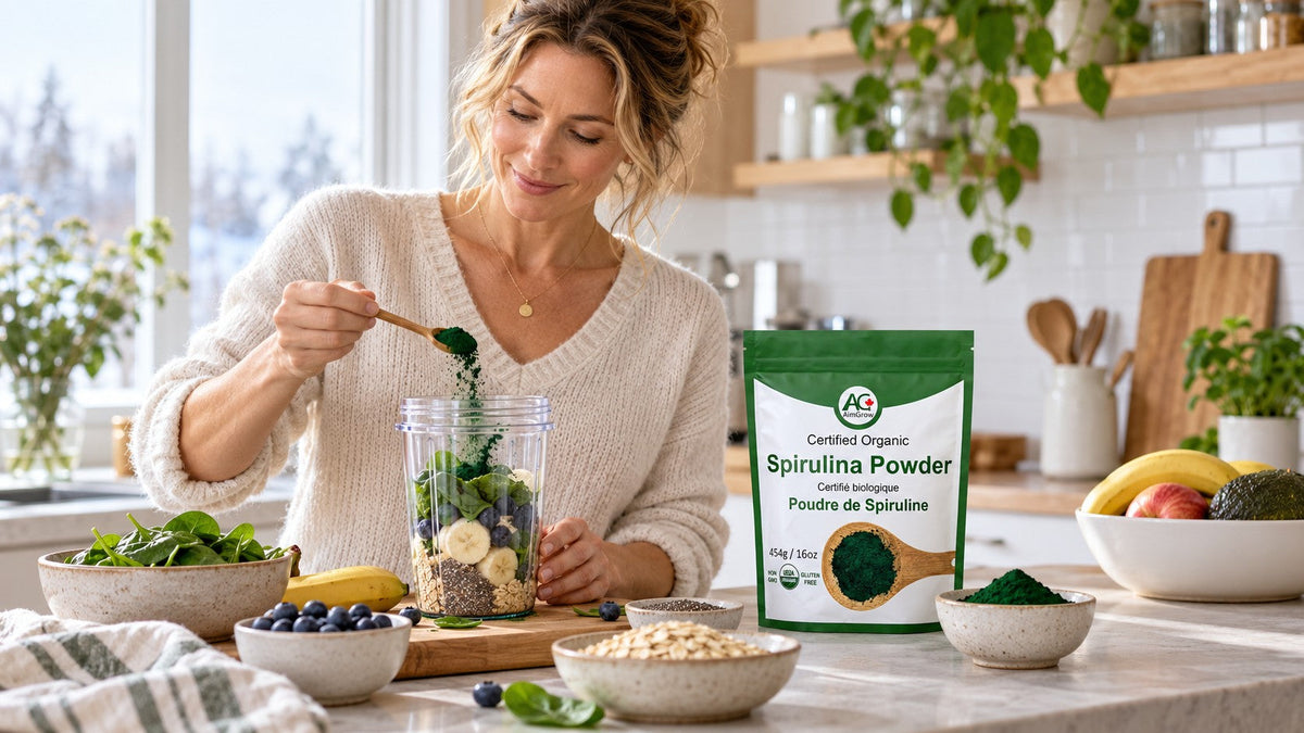 White woman reading an AimGrow spirulina powder label during a natural morning routine.