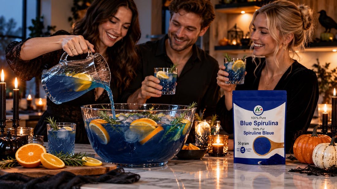 White adults serving a vivid blue Halloween punch beside an AimGrow Blue Spirulina pouch.