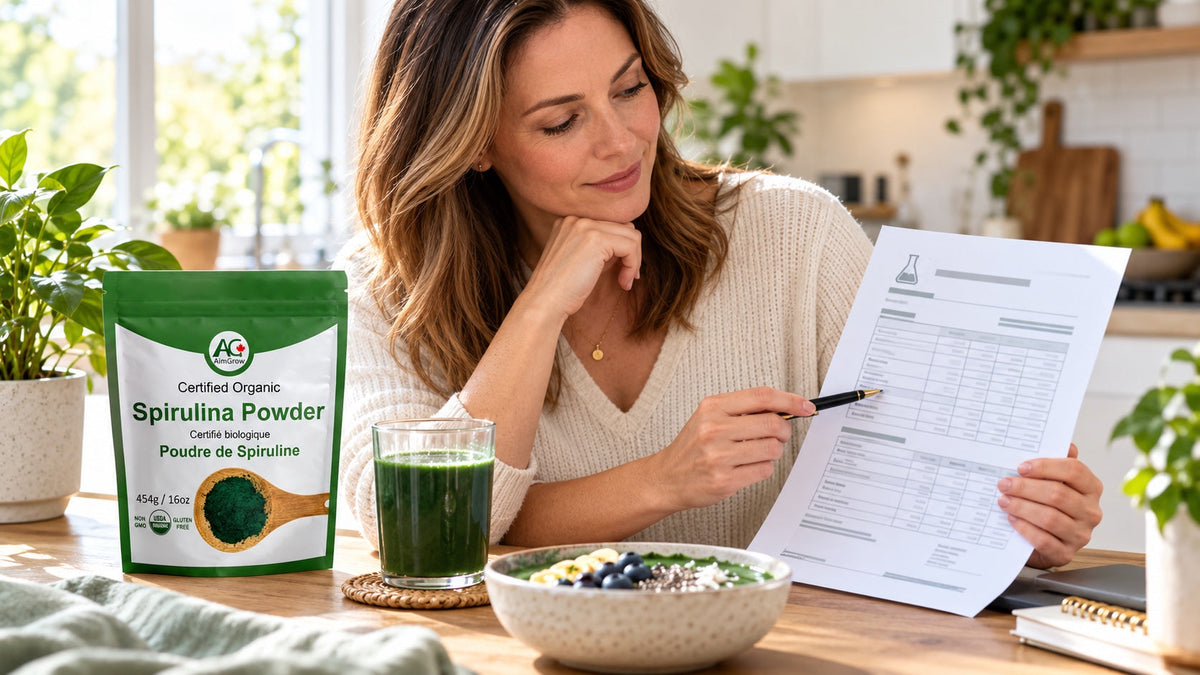 Canadian woman reviewing a spirulina certificate of analysis beside an AimGrow pouch.