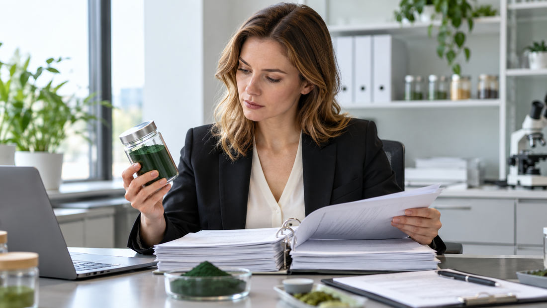 Quality manager auditing spirulina supplier documents and retained samples.