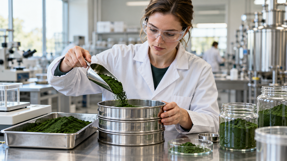 Supplement manufacturer evaluating broken cell wall chlorella powder samples and specifications.