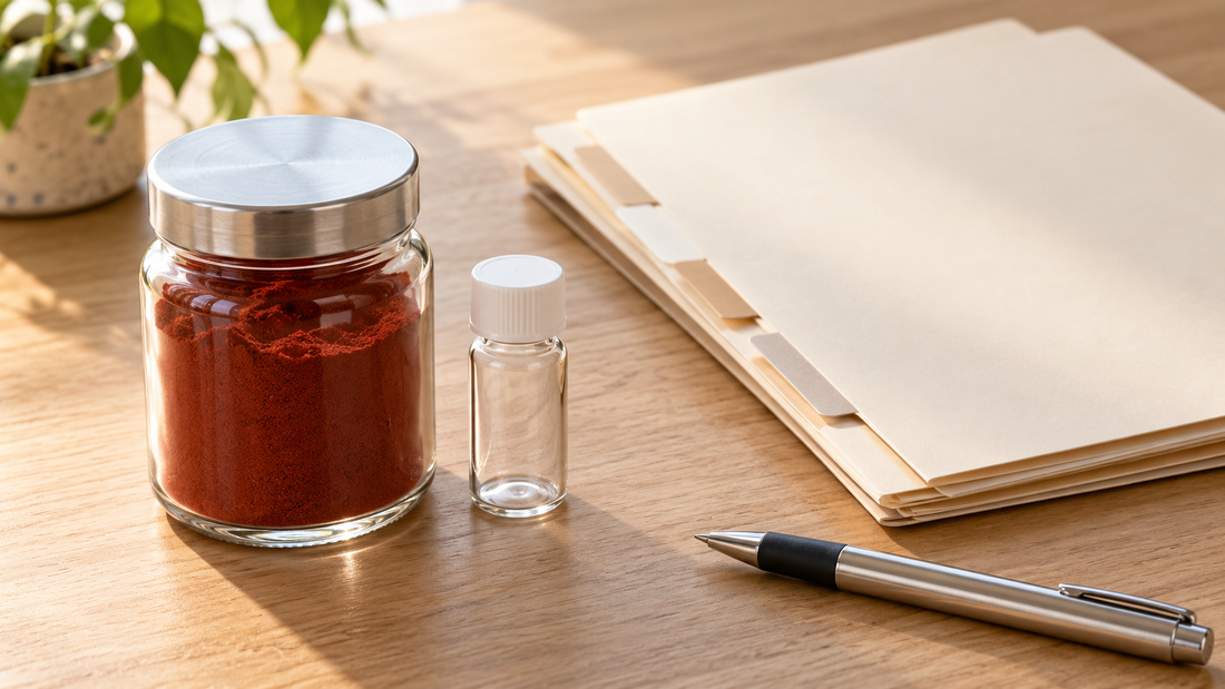 AI-generated illustrative scene of a sealed red-powder sample, empty vial and blank provenance folder.