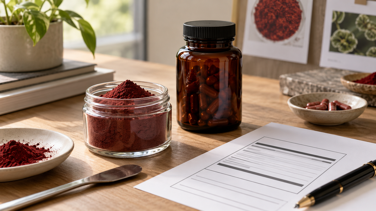 Unbranded Haematococcus ingredient powder and supplement bottle beside a blank label draft.