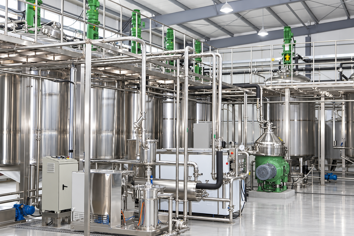 Illustrative bright processing facility with stainless-steel vessels and pipework.