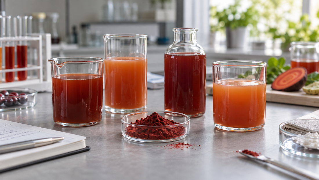 AI-generated illustration of red algae powder beside amber and red-orange beverage prototypes.