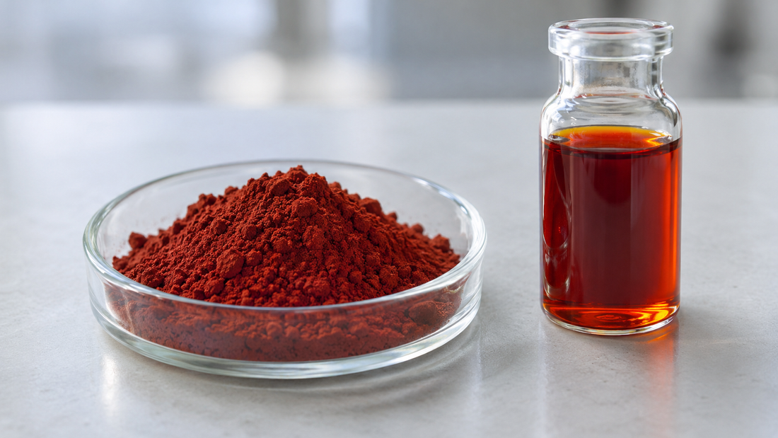 AI-generated illustration of red algae powder and a red-orange oily extract on a neutral bench.