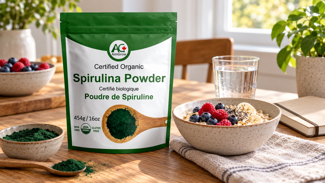 AimGrow Spirulina Powder 454g pouch beside an everyday breakfast
