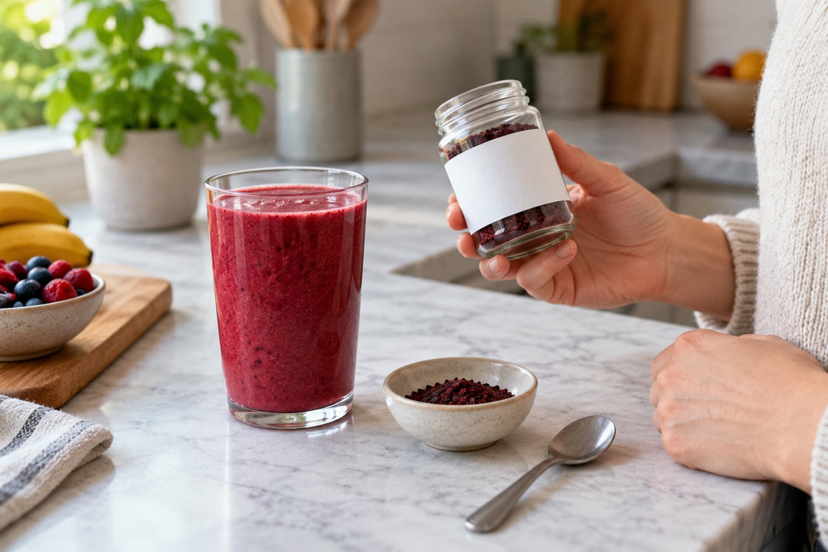 A glass of smoothie, a dish of red Haematococcus granules, and an unbranded jar on a kitchen counter.