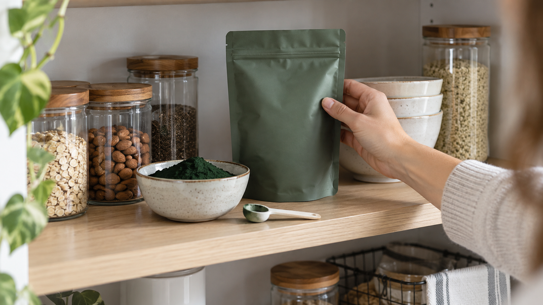 Resealable spirulina powder pouch stored in a dry pantry cupboard beside a clean, dry scoop