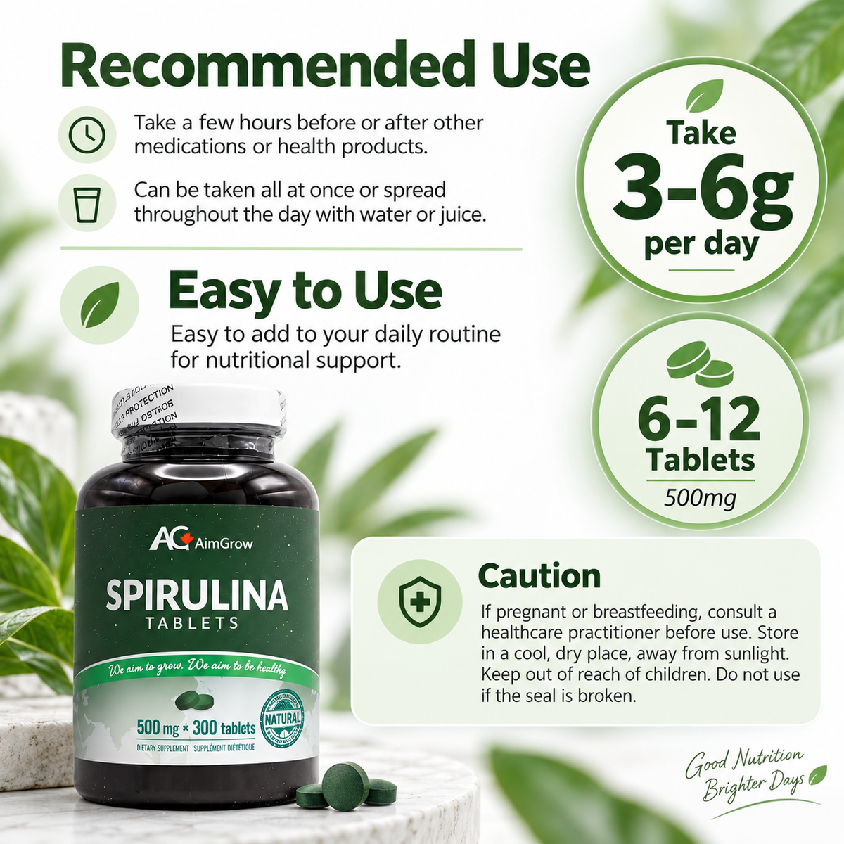 Aimgrow Spirulina Tablets 500mg 300 Tablets Canada