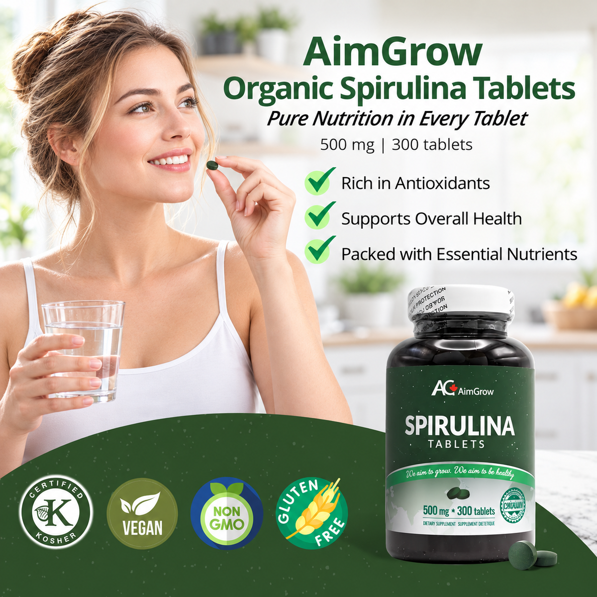 Aimgrow Spirulina Tablets 500mg 300 Tablets Canada